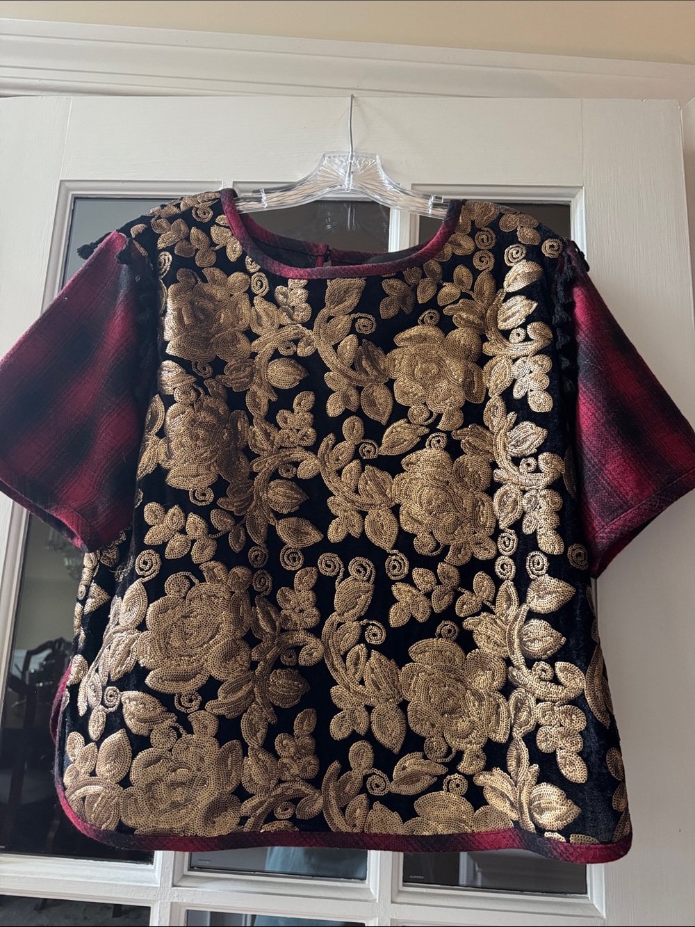 Black & Red Short-Sleeve Top with Gold Embroidery Sundance
